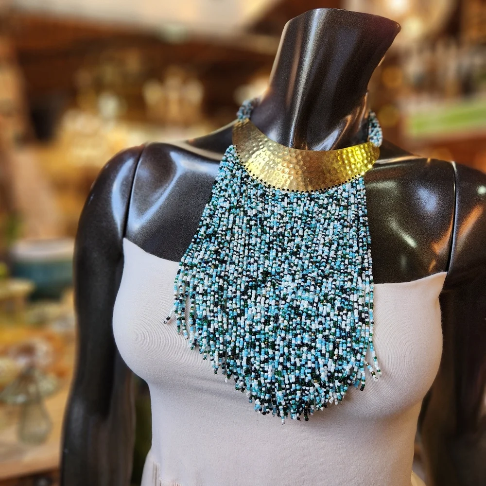 Hand Hammered Brass, Green, Gold, White and Blue Beaded Statement Necklace - Picture 8 of 16